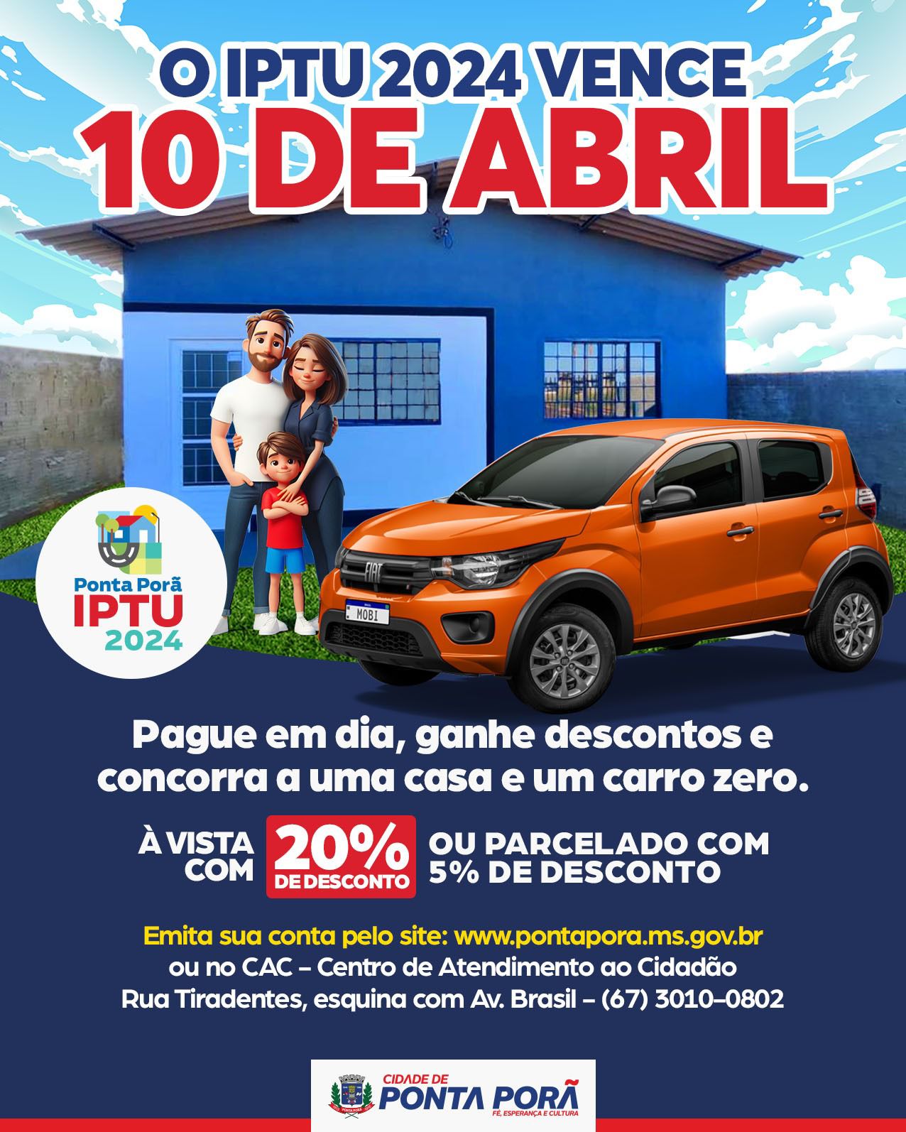 Ponta Porã: IPTU 2024 sorteia carro zero km e casa nova para contribuintes que estão em dia Ponta Porã: IPTU 2024 sorteia carro zero km e casa nova para contribuintes que estão em dia