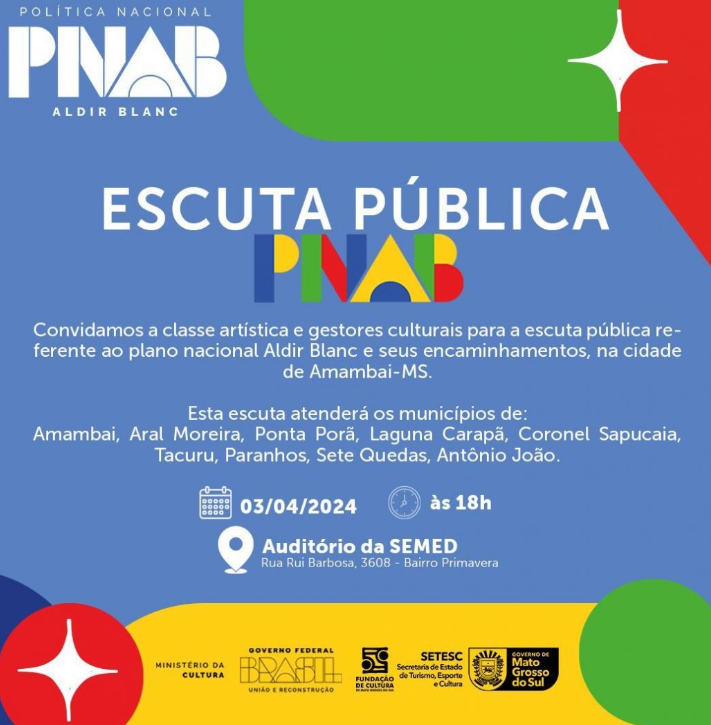 Amambai: Fundação de Cultura promove escuta pública sobre Plano Nacional da Lei Aldir Blanc Amambai: Fundação de Cultura promove escuta pública sobre Plano Nacional da Lei Aldir Blanc