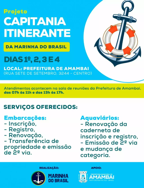 Amambai: Marinha do Brasil oferece serviços para proprietários de embarcações até quinta-feira (04) Amambai: Marinha do Brasil oferece serviços para proprietários de embarcações até quinta-feira (04)