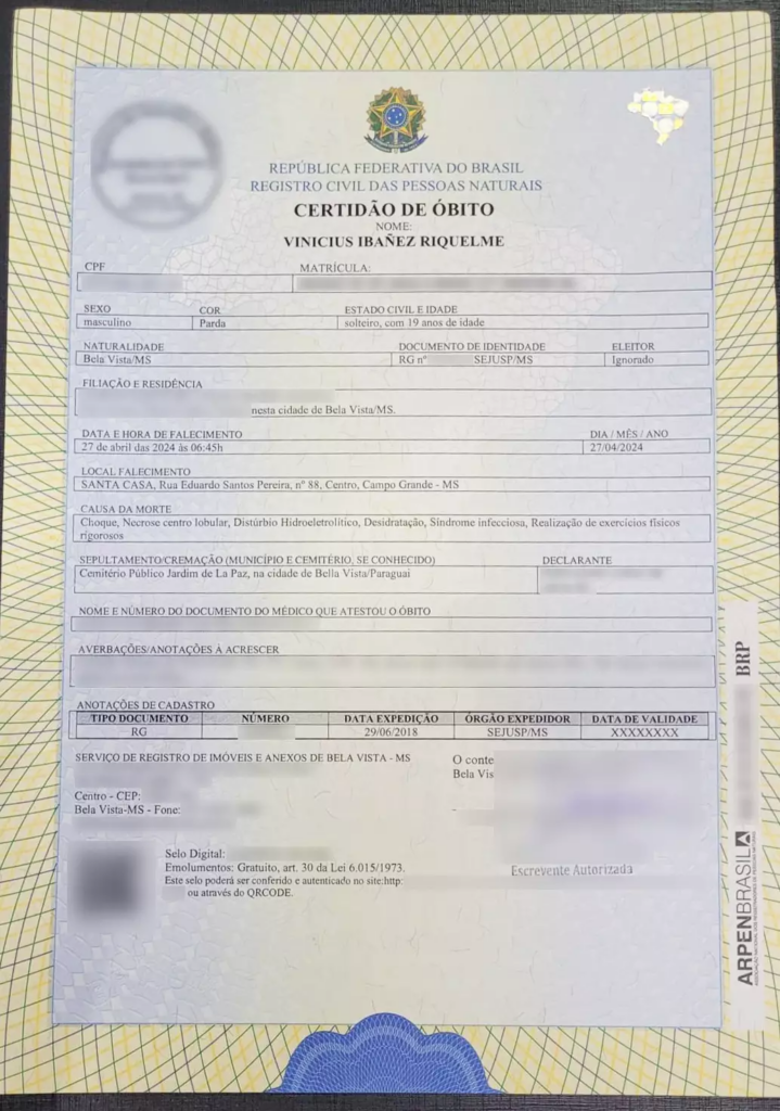 Certidão de óbito de soldado do Exército confirma exaustão por exercícios Certidão de óbito de soldado do Exército confirma exaustão por exercícios