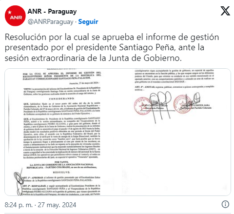 Junta de Gobierno aprueba por unanimidad primer informe de gestión de Santiago Peña