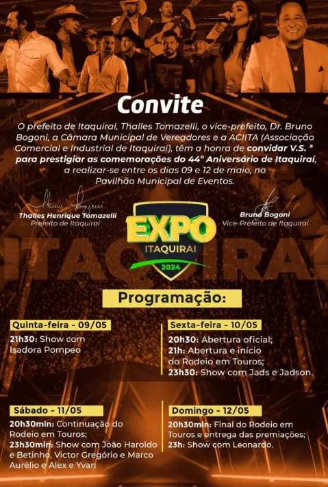 Expo Itaquiraí 2024: Festividades vão desta quinta-feira (09) até domingo (12)