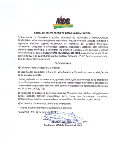 Partido MDB realiza convenção em Ponta Porã em agosto Partido MDB realiza convenção em Ponta Porã em agosto