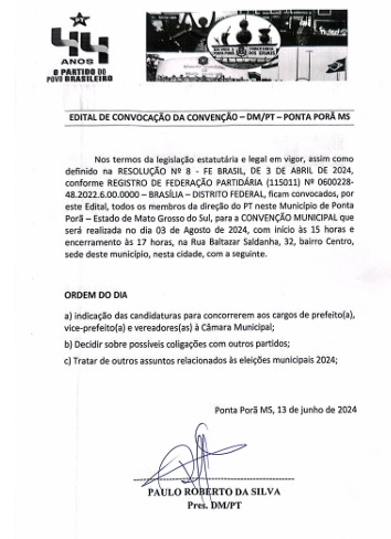Partido dos Trabalhadores - PT faz Convenção em Ponta Porã dia 3 Partido dos Trabalhadores - PT faz Convenção em Ponta Porã dia 3