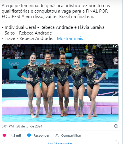 Brasil disputará 7 finais da ginástica artística feminina em Paris Brasil disputará 7 finais da ginástica artística feminina em Paris