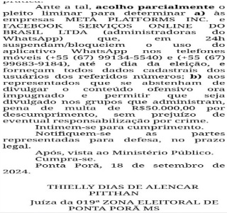 Justiça Eleitoral pede bloqueio/suspensão do whatsapp por infração às regras eleitorais em Ponta Porã Justiça Eleitoral pede bloqueio/suspensão do whatsapp por infração às regras eleitorais em Ponta Porã