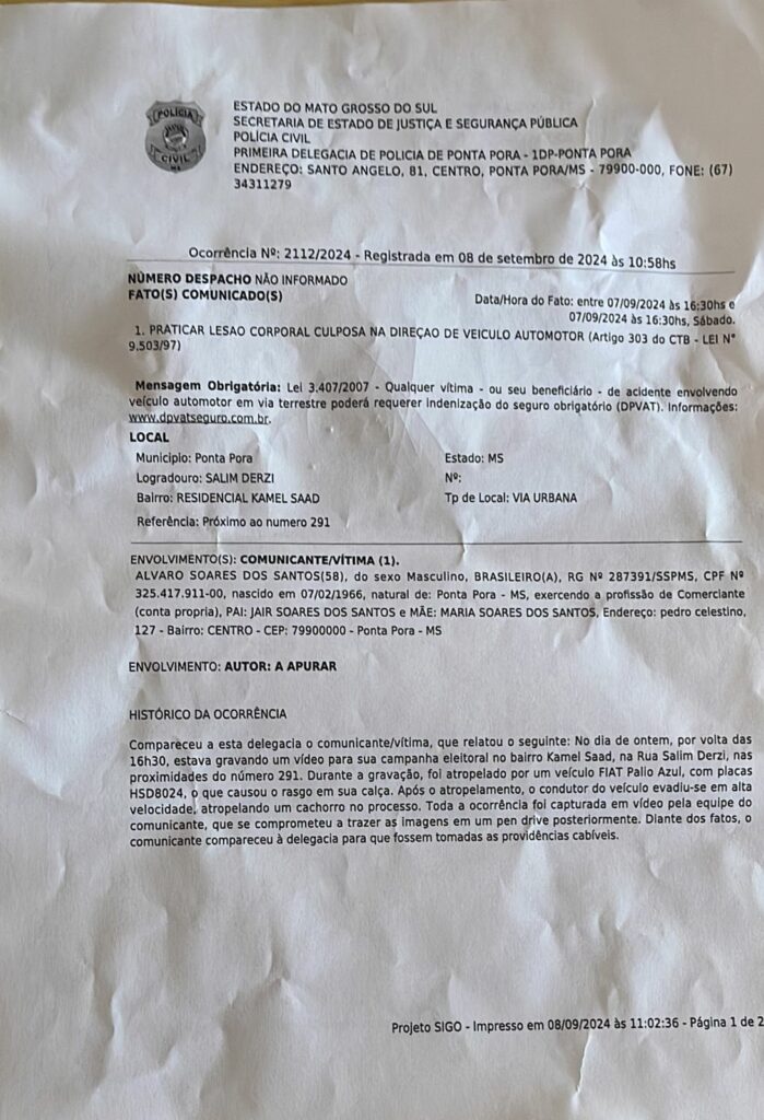 Ponta Porã: Candidato Álvaro Soares foi vítima de atropelamento Ponta Porã: Candidato Álvaro Soares foi vítima de atropelamento