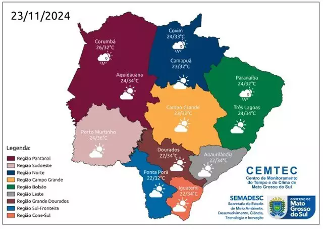Sábado será de sol forte e calor de até 36°C em Mato Grosso do Sul Sábado será de sol forte e calor de até 36°C em Mato Grosso do Sul