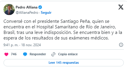 Santiago Peña abandona en ambulancia cumbre del G20 en Brasil por dolor en el pecho Santiago Peña abandona en ambulancia cumbre del G20 en Brasil por dolor en el pecho