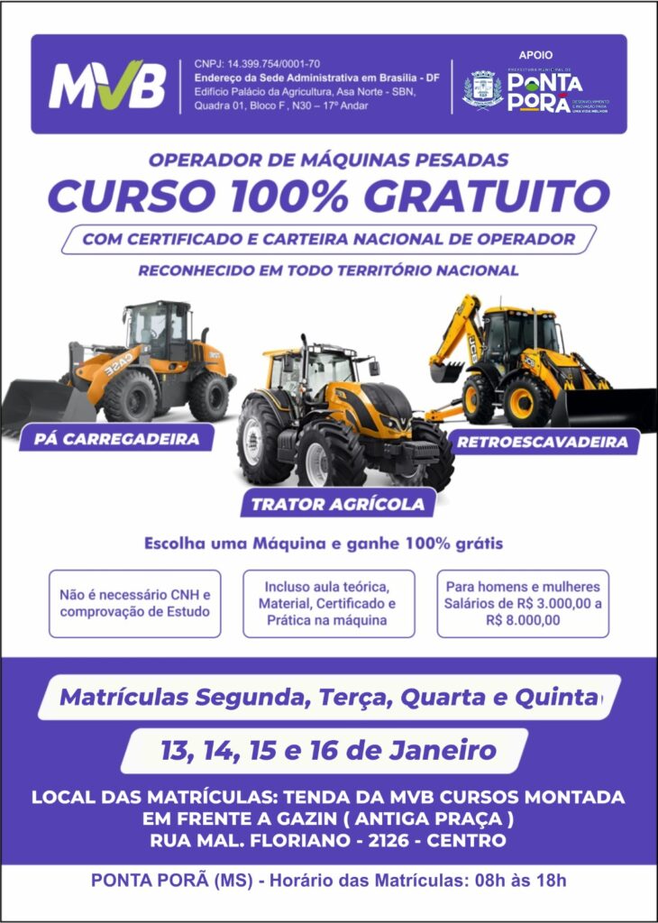Curso de operador de máquinas pesadas é oferecido gratuitamente em Ponta Porã Curso de operador de máquinas pesadas é oferecido gratuitamente em Ponta Porã