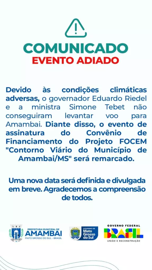 Mau tempo cancelou vinda de Eduardo Riedel e Simone Tebet a Amambai
