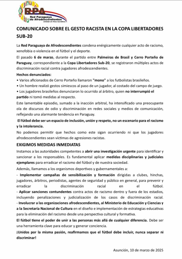 Red Paraguaya de Afrodescendientes exige sanciones a hinchas de Cerro Porteño Red Paraguaya de Afrodescendientes exige sanciones a hinchas de Cerro Porteño