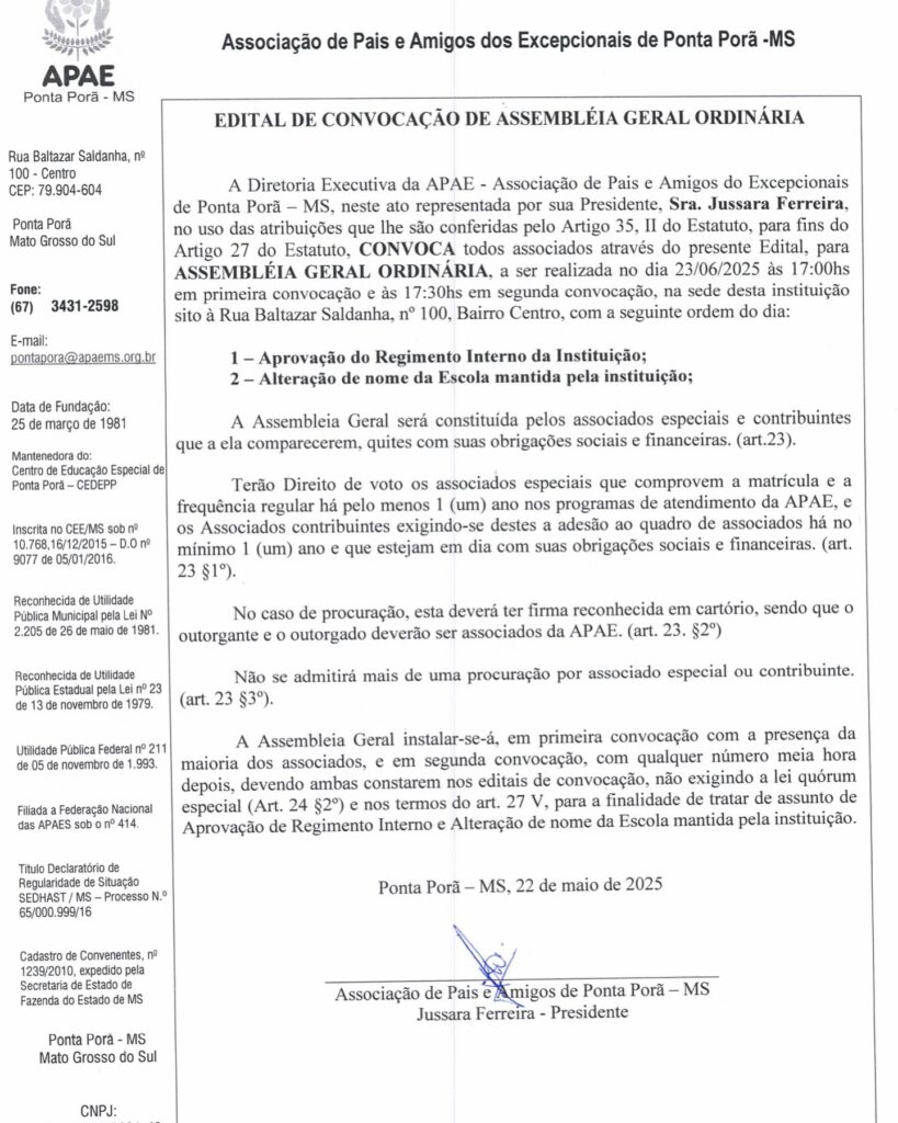 Apae Ponta Porã realiza Assembleia Geral Ordinária em junho