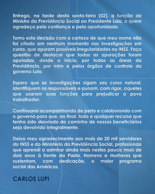 Após fraude no INSS, Lupi pede demissão do Ministério da Previdência Após fraude no INSS, Lupi pede demissão do Ministério da Previdência