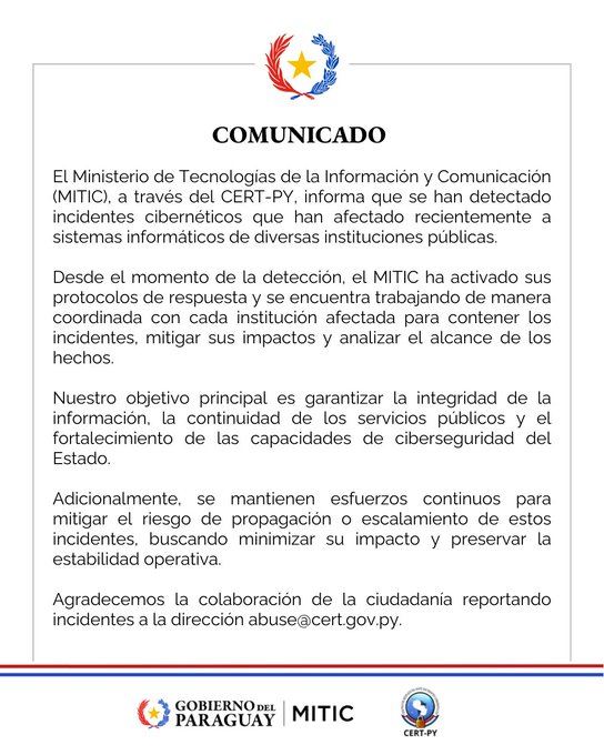 Mitic confirma ataques cibernéticos que afectaron a diversas instituciones públicas Mitic confirma ataques cibernéticos que afectaron a diversas instituciones públicas