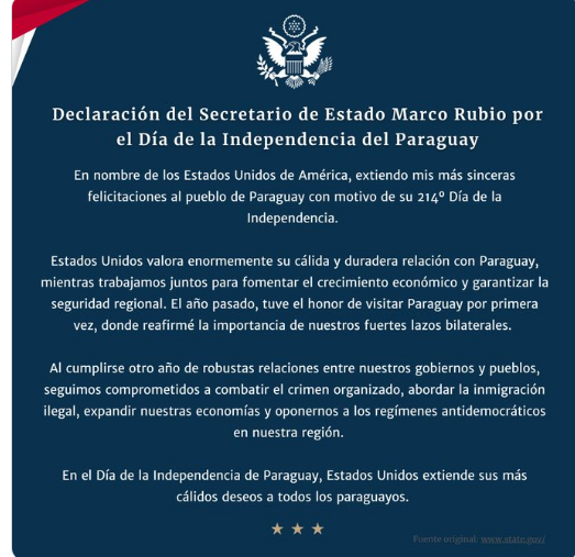 EEUU destaca la “sólida relación” con Paraguay en mensaje por la Independencia EEUU destaca la “sólida relación” con Paraguay en mensaje por la Independencia
