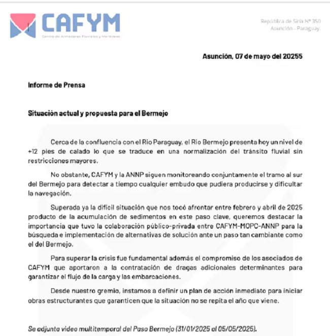 Se normaliza navegación en el Paso Bermejo, confirma Cafym Se normaliza navegación en el Paso Bermejo, confirma Cafym