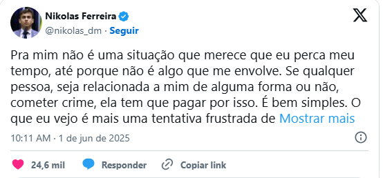 Nikolas Ferreira se pronuncia sobre prisão de primo por tráfico: ‘Não me envolve’ Nikolas Ferreira se pronuncia sobre prisão de primo por tráfico: ‘Não me envolve’