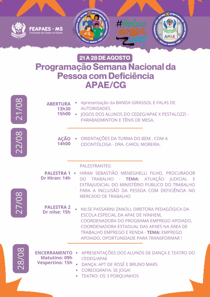 APAE/CG abre a Semana Nacional da Pessoa com Deficiência Intelectual e Múltipla 2025 com convite à reflexão e à inclusão APAE/CG abre a Semana Nacional da Pessoa com Deficiência Intelectual e Múltipla 2025 com convite à reflexão e à inclusão