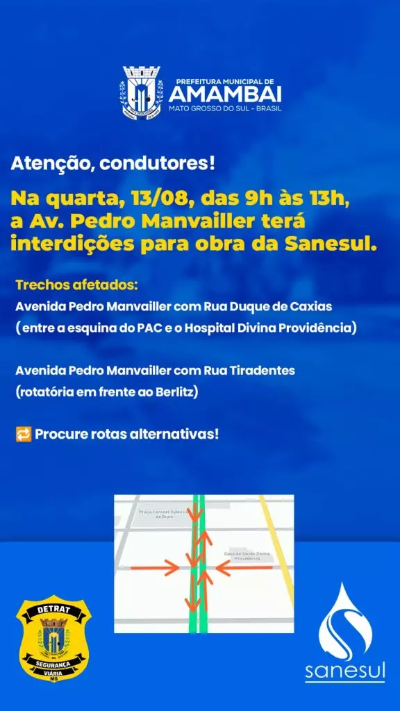 Amambai: Avenida Pedro Manvailler terá interdições nesta quarta-feira (13)