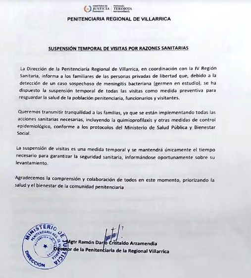 Suspenden visitas en cárcel de Villarrica ante caso sospechoso de meningitis