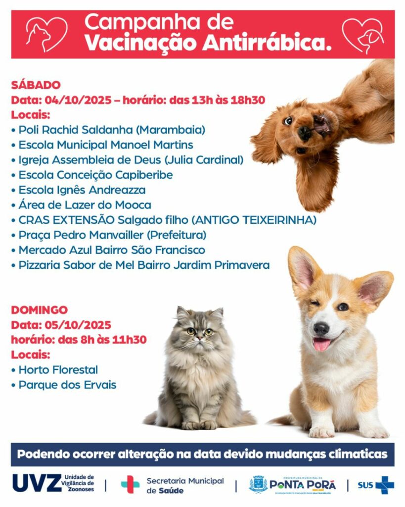 Campanha de vacinação antirrábica chega neste sábado na região sul de Ponta Porã