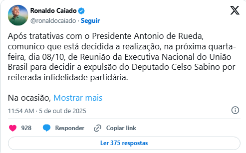 União Brasil marca reunião para decidir sobre expulsão de Celso Sabino União Brasil marca reunião para decidir sobre expulsão de Celso Sabino