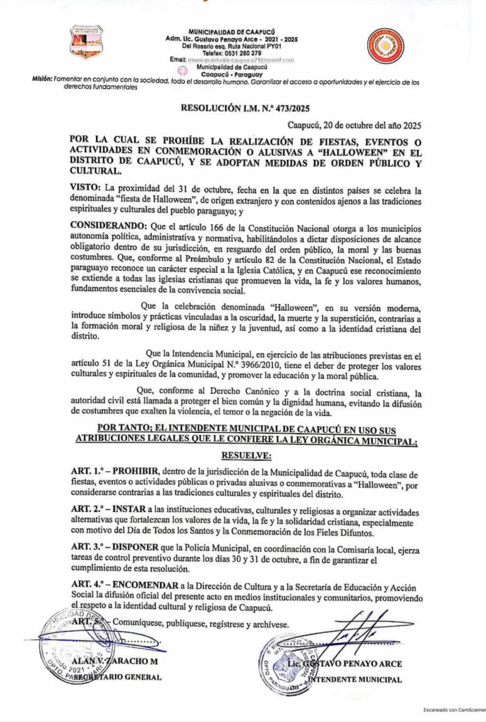 Caapucú prohíbe celebrar Halloween y ordena a la Policía Nacional hacer cumplir la medida Caapucú prohíbe celebrar Halloween y ordena a la Policía Nacional hacer cumplir la medida