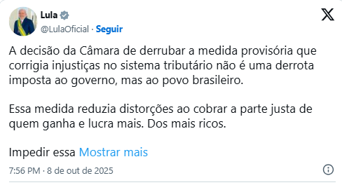 Lula diz que Câmara ‘impôs derrota ao povo’ ao retirar de pauta MP alternativa ao IOF