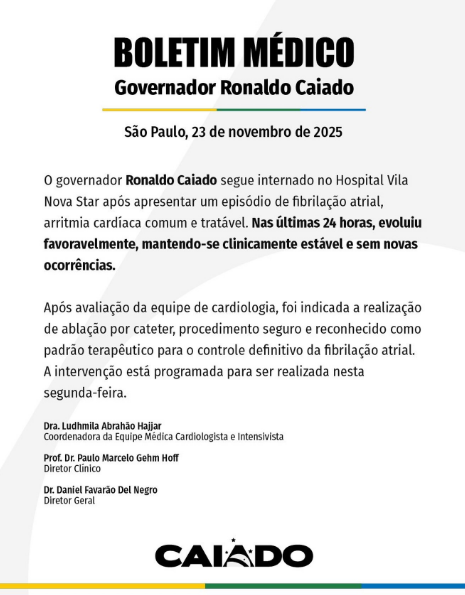 Governador de Goiás segue internado em São Paulo após apresentar episódio de fibrilação arterial, arritmia cardíaca