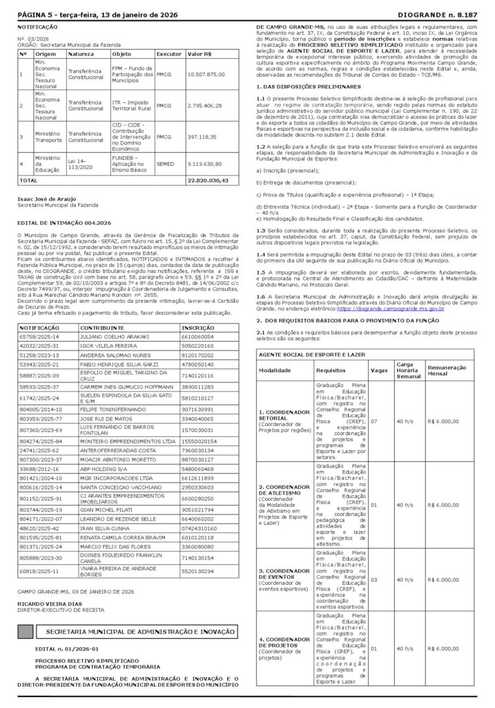 Fundação de Esporte abre processo seletivo com salário de R$ 6 mil