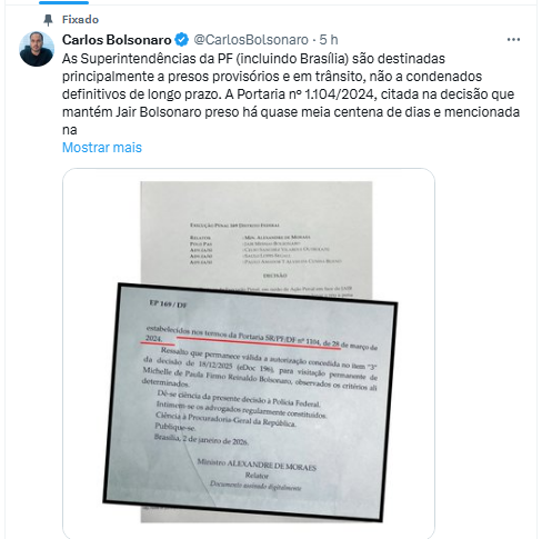 Carlos Bolsonaro critica manutenção do pai em carceragem da PF: ‘Ilegalidade’ Carlos Bolsonaro critica manutenção do pai em carceragem da PF: ‘Ilegalidade’