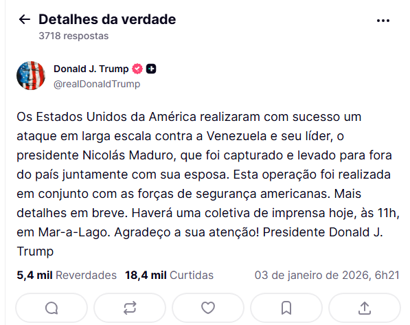 Trump confirma ataque dos EUA à Venezuela e anuncia captura de Nicolás Maduro Trump confirma ataque dos EUA à Venezuela e anuncia captura de Nicolás Maduro