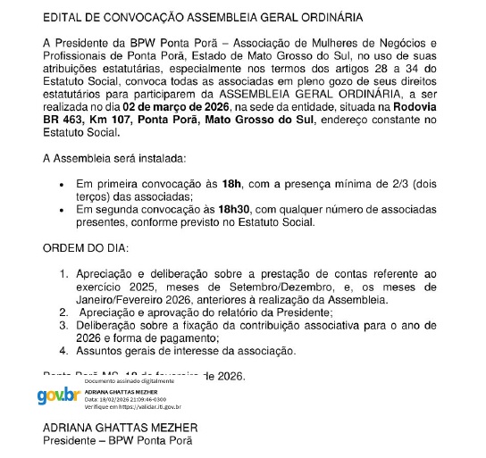 BPW Ponta Porã convoca para Assembleia Geral Ordinária no dia 2 de março