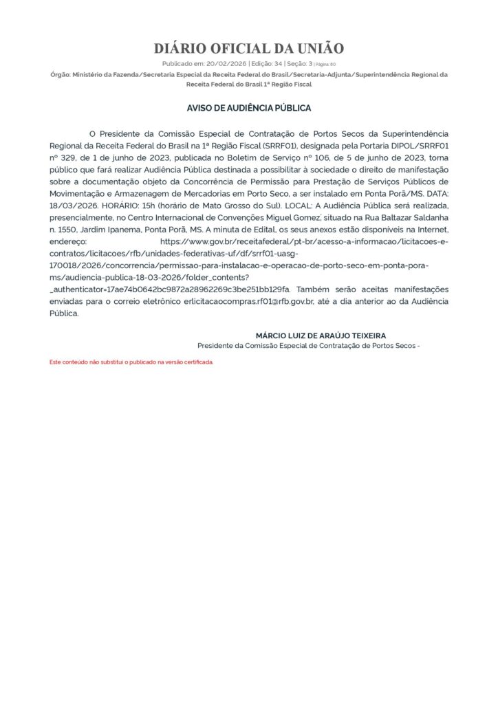 Porto Seco de Ponta Porã avança com edital e audiência pública