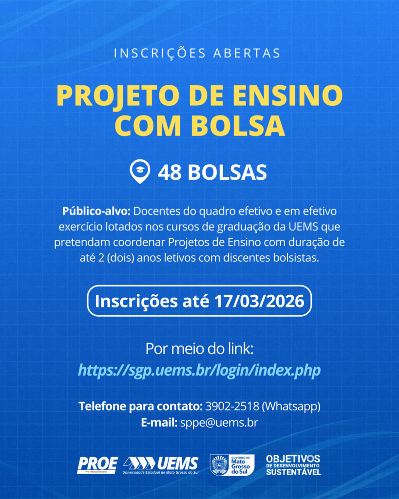PROE lança seleção de Projetos de Ensino com bolsas para cursos de graduação da UEMS