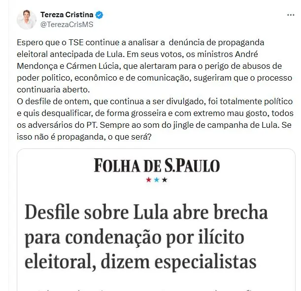 Tereza Cristina espera que TSE analise denúncia contra Lula por propaganda antecipada na Sapucaí Tereza Cristina espera que TSE analise denúncia contra Lula por propaganda antecipada na Sapucaí