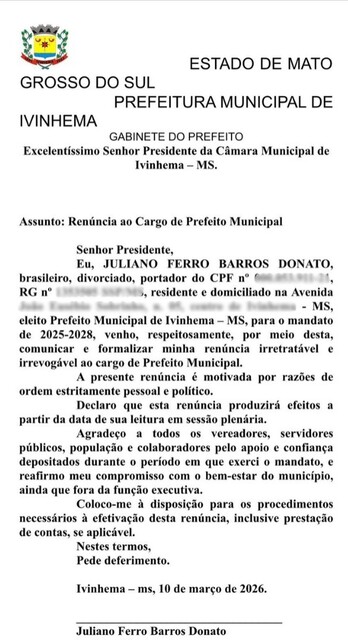 Prefeito escreve carta de renúncia com planos de disputar governo de MS