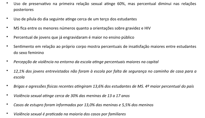 PeNSE 2024 aponta desafios para gestores de ensino. Estudantes sul-mato-grossensestem altos índices de bullying, uso de drogas (lícitas ou ilícitas), violência, violência sexual e percepção de que a vida não vale a pena