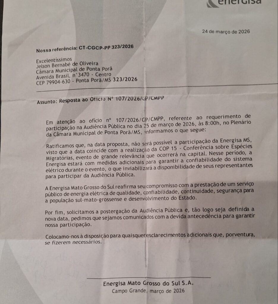 Ponta Porã: Energisa nao comparece em audiência pública justificando que está na COP15