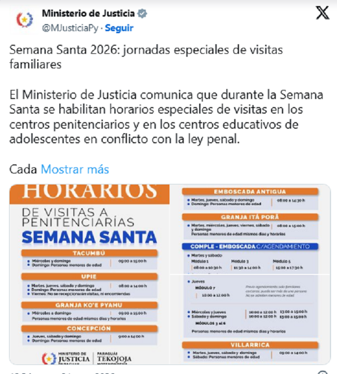 Establecen horarios especiales de visita en penitenciarías del país por Semana Santa