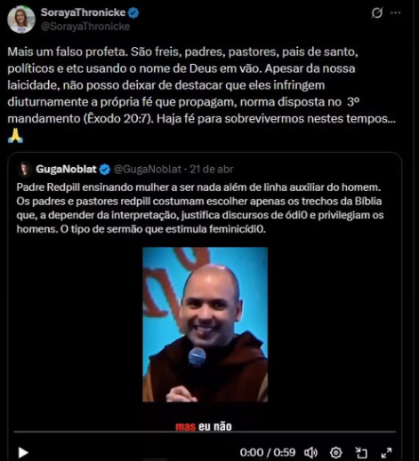 Soraya Thronicke chama Frei Gilson de 'falso profeta' e o acusa de misoginia