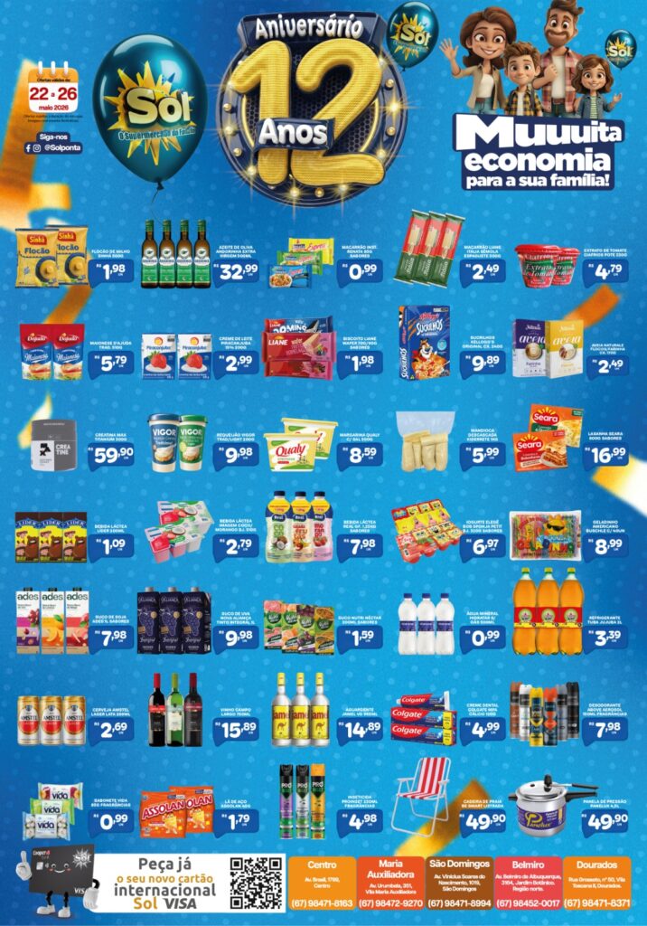 Confira ofertas de aniversário de 12 anos do Supermercado Sol