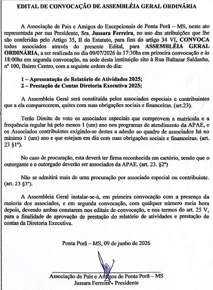 APAE de Ponta Porã convoca associados para Assembléia Geral Ordinária APAE de Ponta Porã convoca associados para Assembléia Geral Ordinária