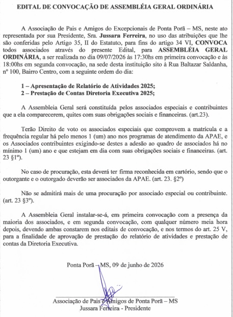 APAE de Ponta Porã convoca associados para Assembléia Geral Ordinária APAE de Ponta Porã convoca associados para Assembléia Geral Ordinária