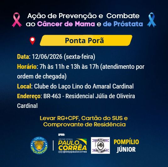 Ação de prevenção ao câncer de mama e de próstata será realizada em Ponta Porã Ação de prevenção ao câncer de mama e de próstata será realizada em Ponta Porã