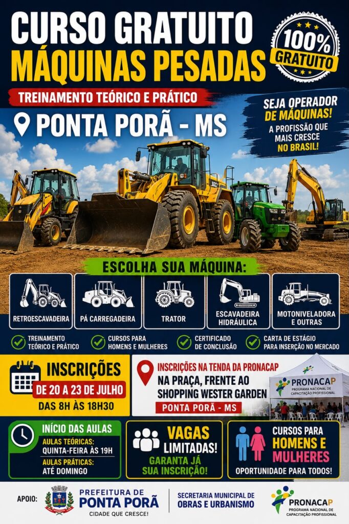 Estão abertas até 5ª feira, inscrições para curso gratuito de operador de máquinas pesadas em Ponta Porã Estão abertas até 5ª feira, inscrições para curso gratuito de operador de máquinas pesadas em Ponta Porã