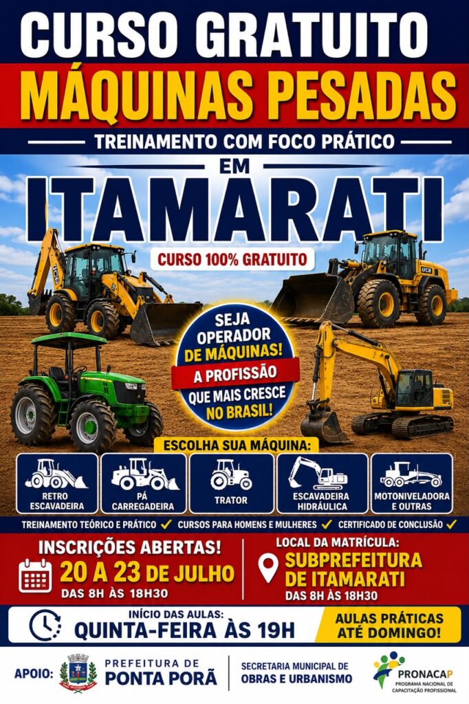 Estão abertas até 5ª feira, inscrições para curso gratuito de operador de máquinas pesadas em Ponta Porã Estão abertas até 5ª feira, inscrições para curso gratuito de operador de máquinas pesadas em Ponta Porã