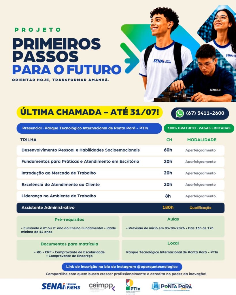 Projeto Primeiros Passos para o Futuro abre inscrições para cursos gratuitos em Ponta Porã