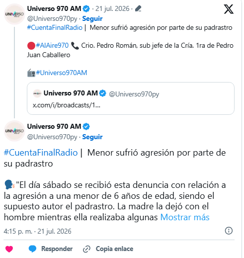 Detienen a un hombre por la brutal agresión a su hijastra con TEA en Pedro Juan Caballero Detienen a un hombre por la brutal agresión a su hijastra con TEA en Pedro Juan Caballero